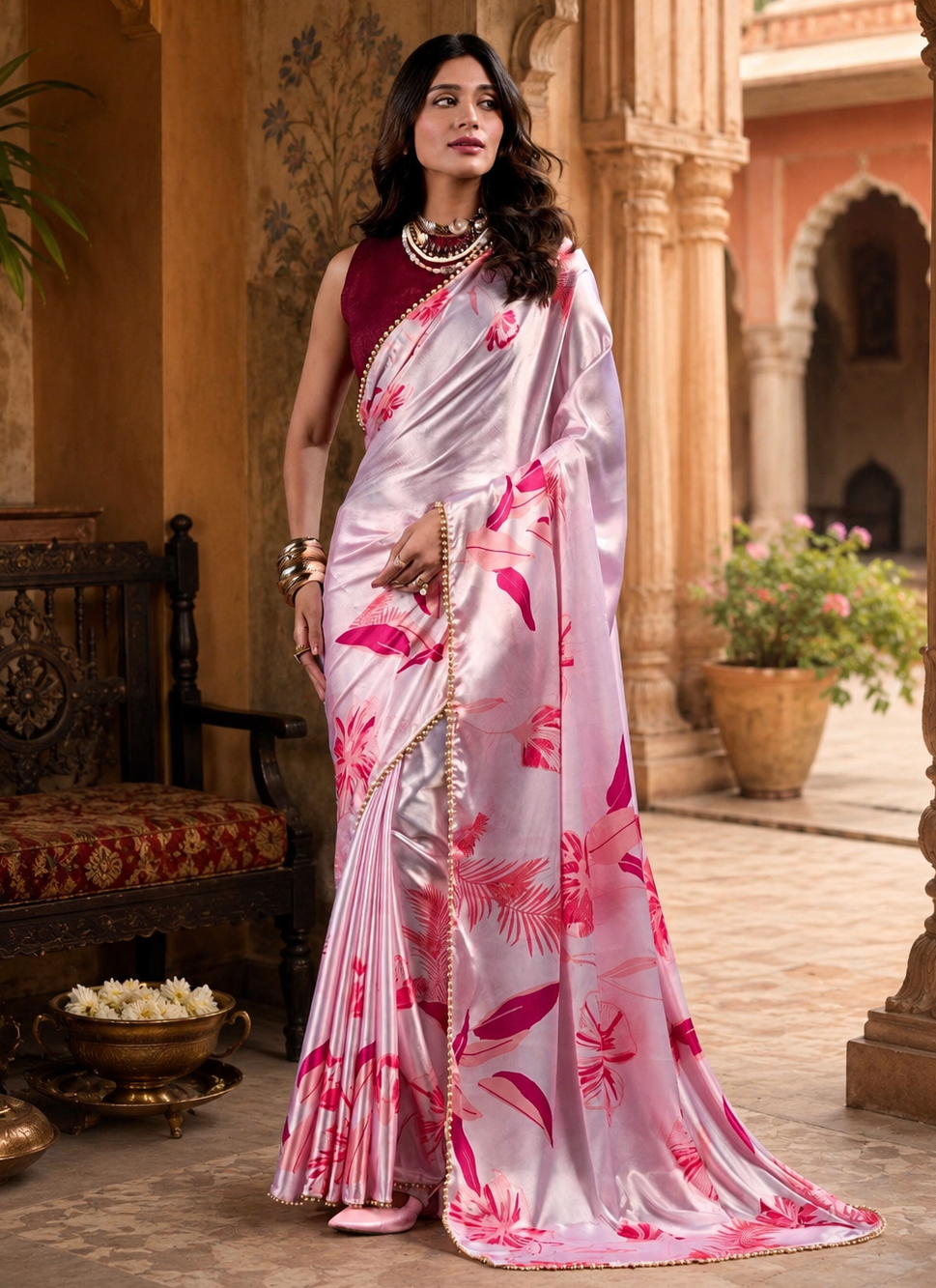Satin Silk Party Wear Saree With Unstitched Blouse(Baby Pink)