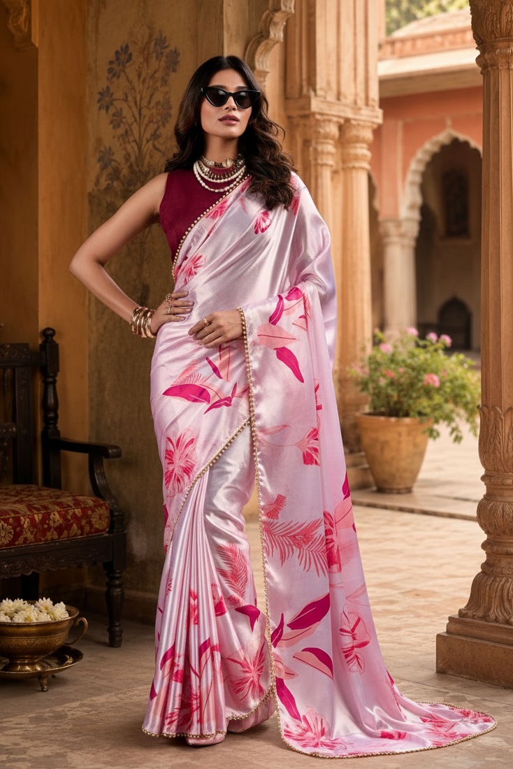 Satin Silk Party Wear Saree With Unstitched Blouse(Baby Pink)