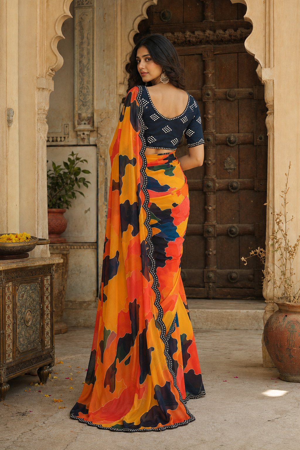 Georgette Digital Print Saree With Unstitched Blouse(Multicolor)