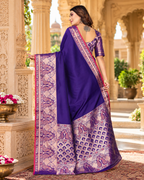 Pure Banarasi Silk Zari Work Saree With Unstitched Blouse(Blue)