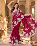 Organza Silk Thread Embroidery Saree With Unstitched Blouse (Maroon)