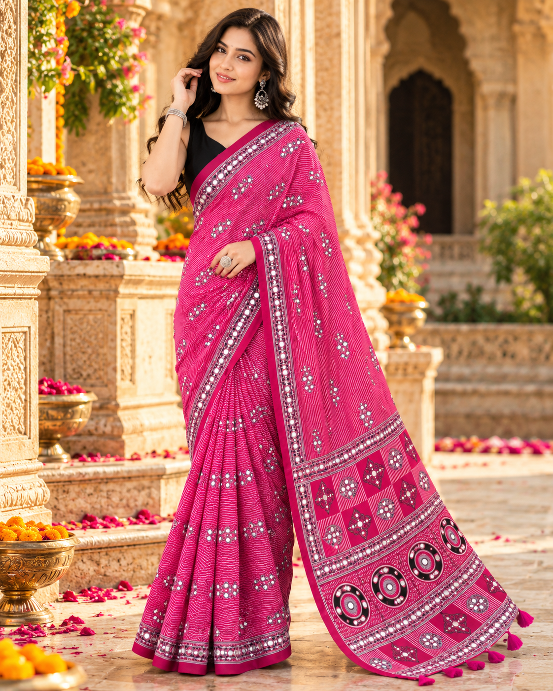 Premium Satin Silk Printed Saree With Unstitched Blouse(Rani)