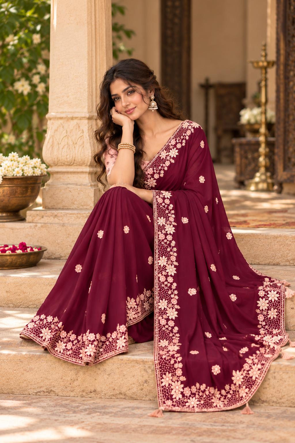 Crepe Silk Sequins Work Saree With Unstitched Blouse(Maroon)