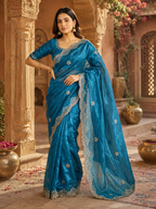 Space Silk Sequins Work Saree With Unstitched Blouse(Blue)