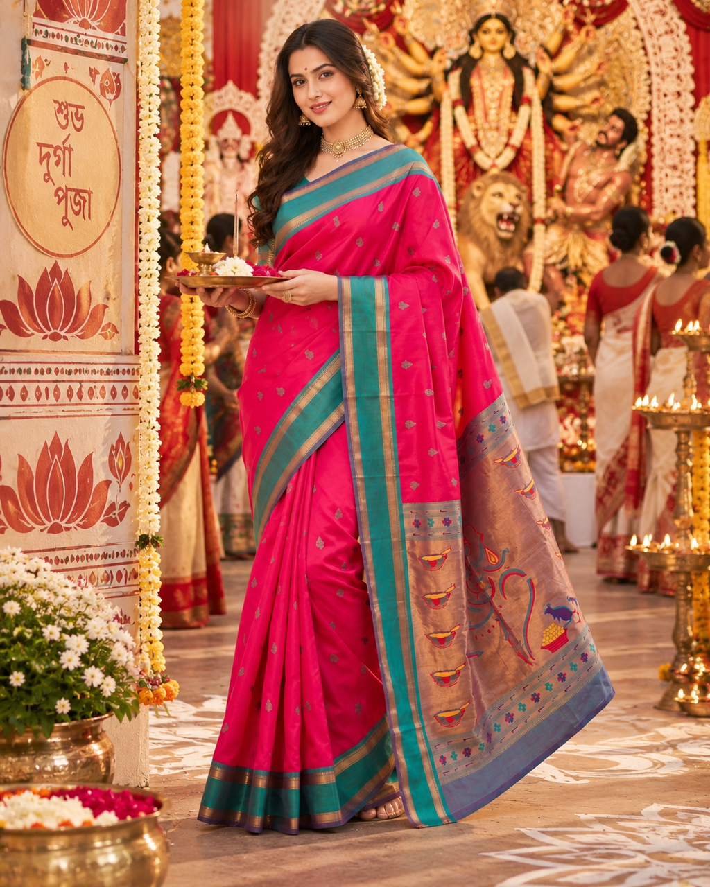 Krittika Premium Paithani Katan Silk Butti Saree With Zari Border Unstitched Blouse (Red)