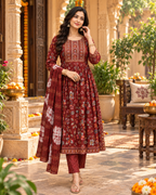 Cotton Kurti Pant Set With Dupatta(Red)