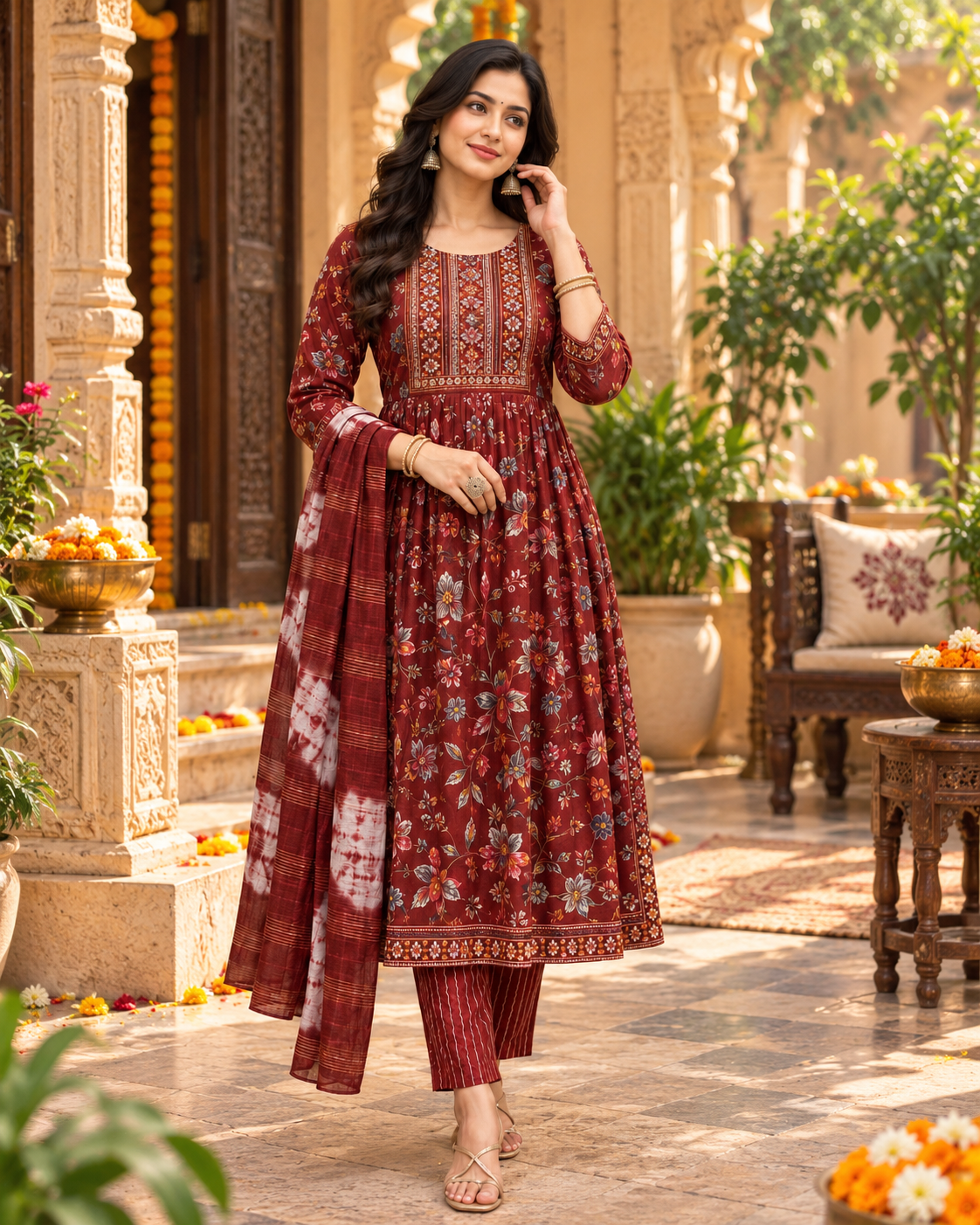 Cotton Kurti Pant Set With Dupatta(Red)