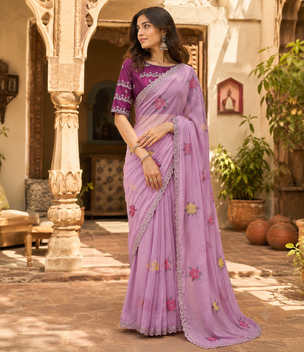 Soft Rangoli Silk Embroidery & Mirror Work saree With Unstitched Blouse(Baby Pink)