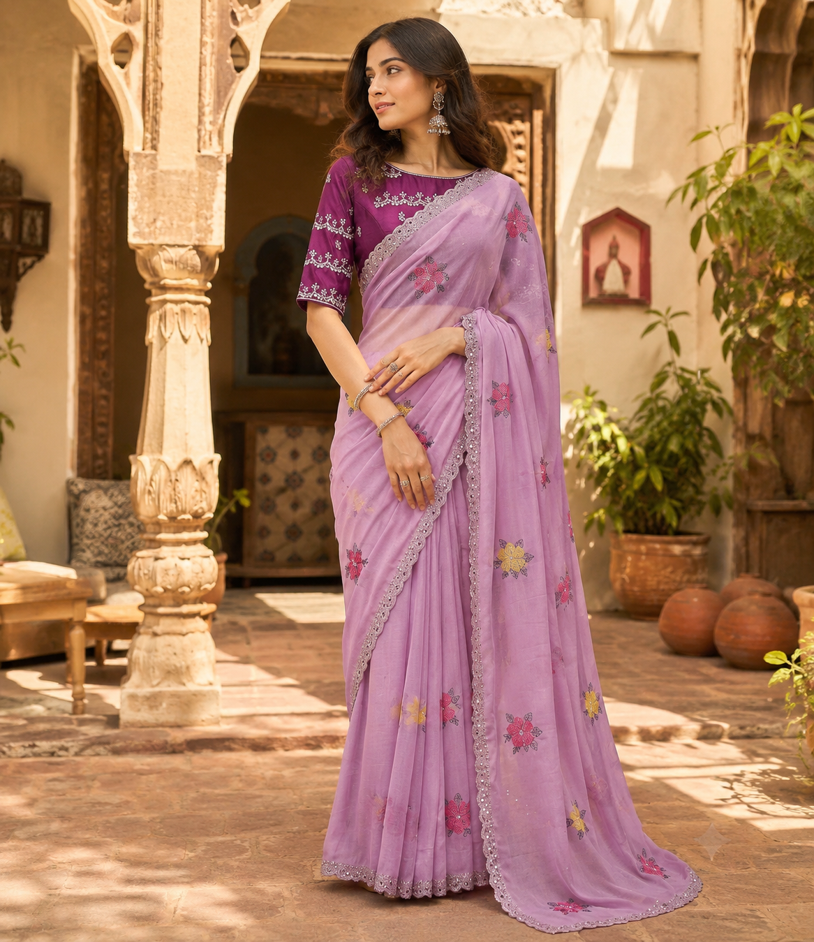 Soft Rangoli Silk Embroidery & Mirror Work saree With Unstitched Blouse(Baby Pink)