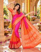 Satin Silk Bandhan Bhej Zari Border Work Saree With Unstitched Blouse(Brink Pink)