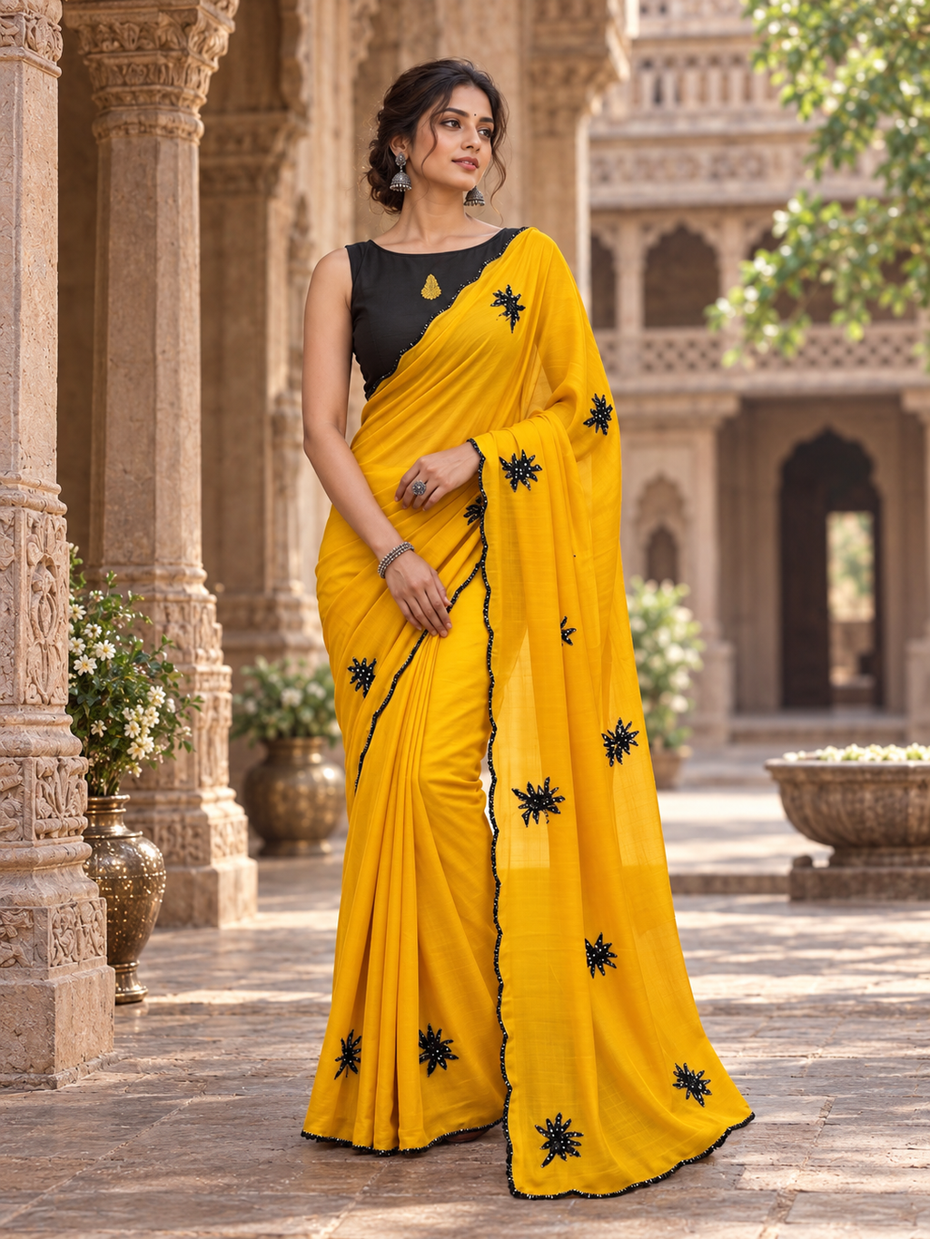 Georgette Sequins Work Saree With Unstitched Blouse(Yellow)