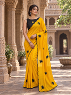 Georgette Sequins Work Saree With Unstitched Blouse(Yellow)