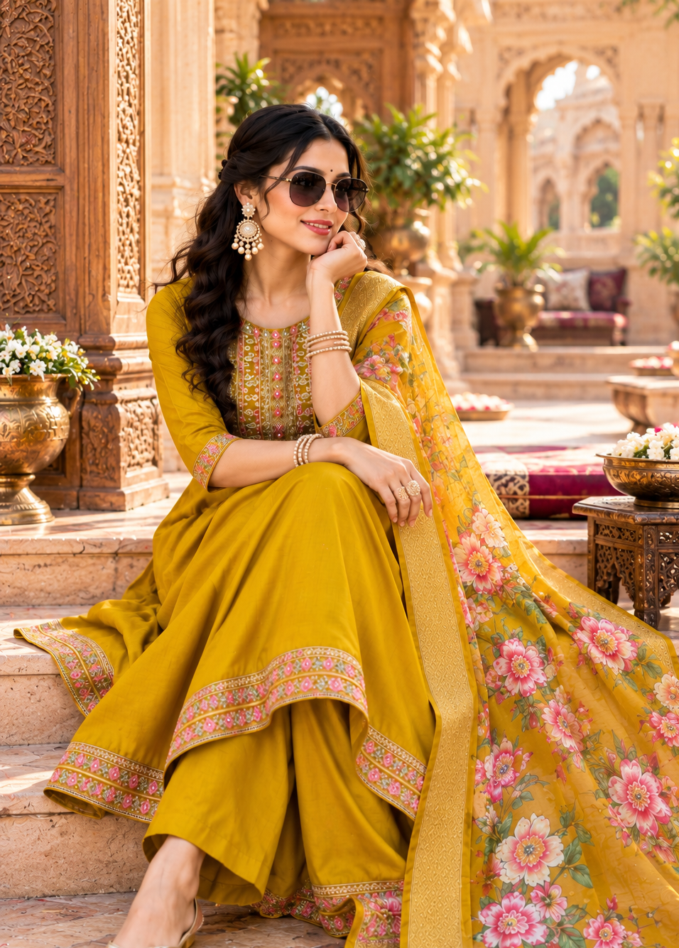 Cotton Embroidery Work Kurti Pant Set With Dupatta(Mustard)
