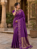 Premium Art Silk Zari Triangle Border Saree With Unstitched Blouse(Purple)