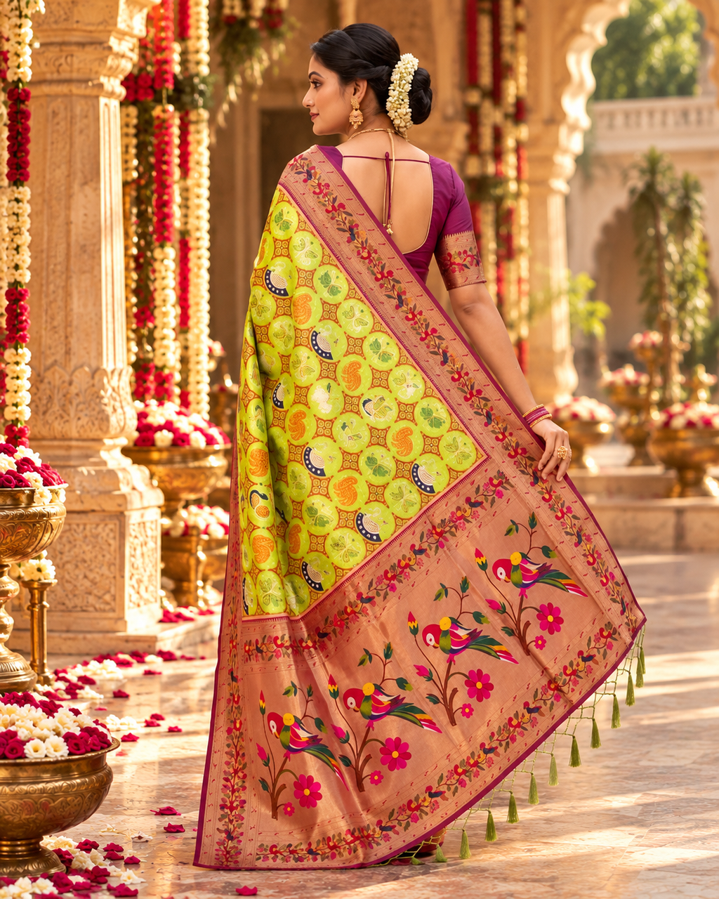 Pure Patola Paithani Silk Golden Zari Border Saree With Unstitched Blouse(Yellow)
