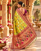 Pure Patola Paithani Silk Golden Zari Border Saree With Unstitched Blouse(Yellow)