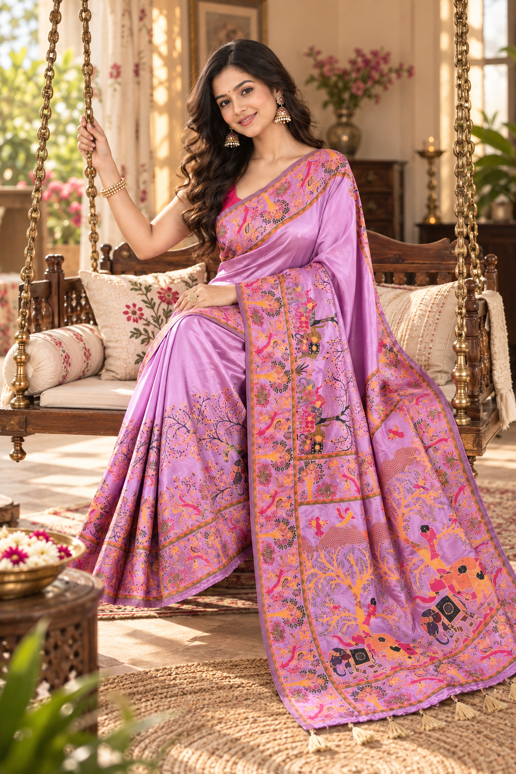 Premium Pashmina Kashmiri  Meenakari Weaves Tassels Saree ( Lavender )