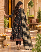 Cotton Kurti Pant Set With Dupatta(Black Currant)