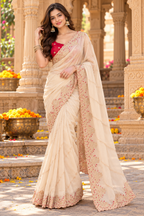 Rangoli Silk Embroidery Work Saree With Unstitched Blouse(Cream)