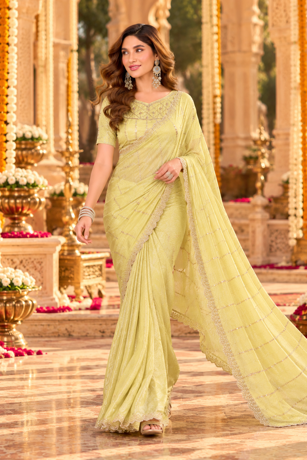 Pure Prada Silk Saree with Unstitched Blouse(Yellow)