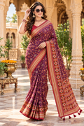 Pure Silk Patola Art Saree With Unstitched Blouse(Wine)