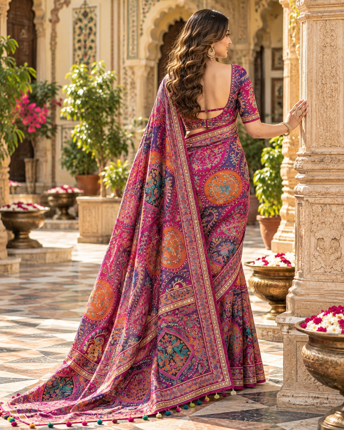 Premium Soft Chinnon Silk Mirror  Work With Unstitched Blouse (Pink)
