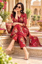 Roman Silk Kurti Pant Set(Red)