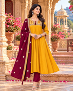Roman Silk Embroidery Work Anarkali Kurti Pant Set With Dupatta(Mustard)