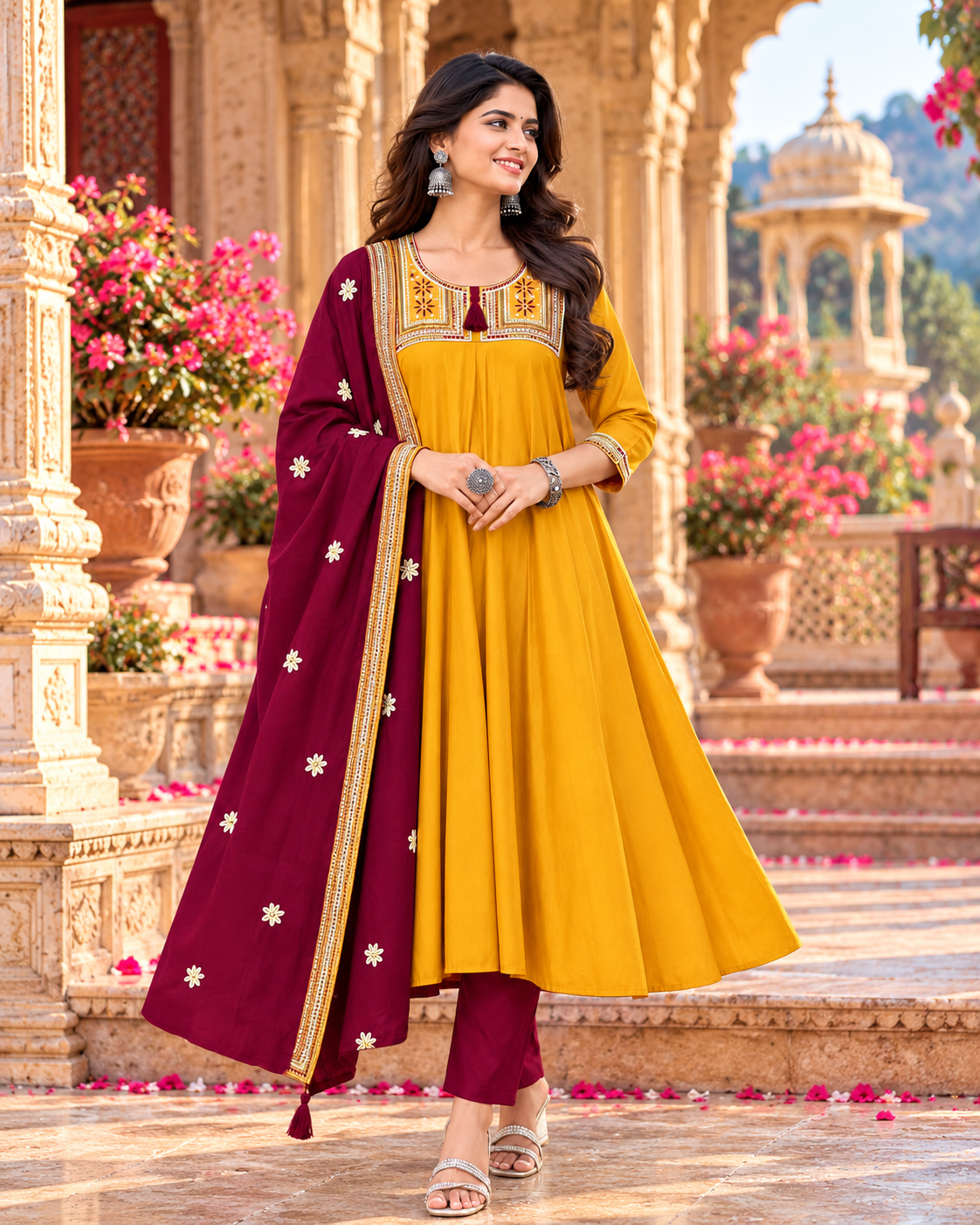 Roman Silk Embroidery Work Anarkali Kurti Pant Set With Dupatta(Mustard)