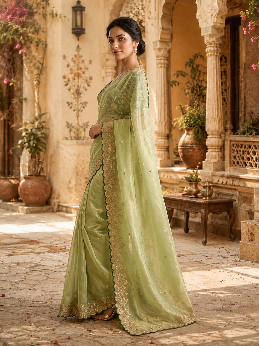 Satin Silk Embroidery Work Saree with Unstitched Blouse(Green)