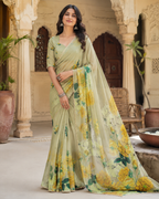 Pure Silk Floral Print Saree With Unstitched Blouse(Green)