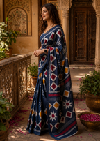 Soft Mulmul Cotton Batik Block-Printed Saree with Unstitched Blouse(Blue)