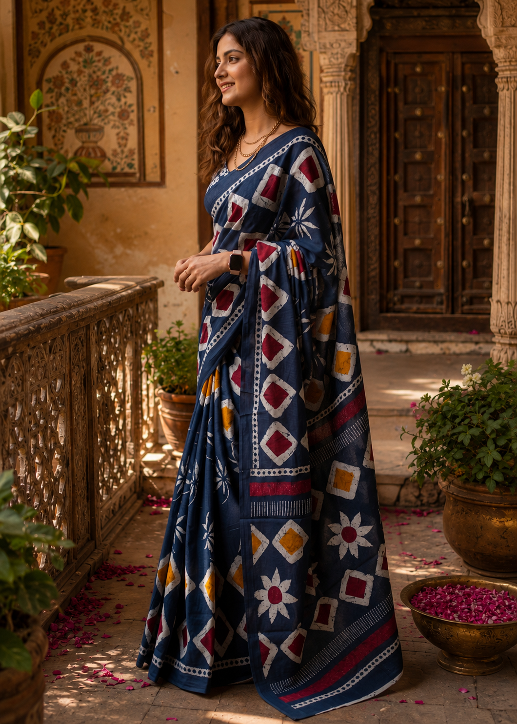 Soft Mulmul Cotton Batik Block-Printed Saree with Unstitched Blouse(Blue)
