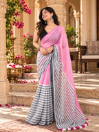 Cotton Digital Printed Saree With Unstitched Blouse(Pink)