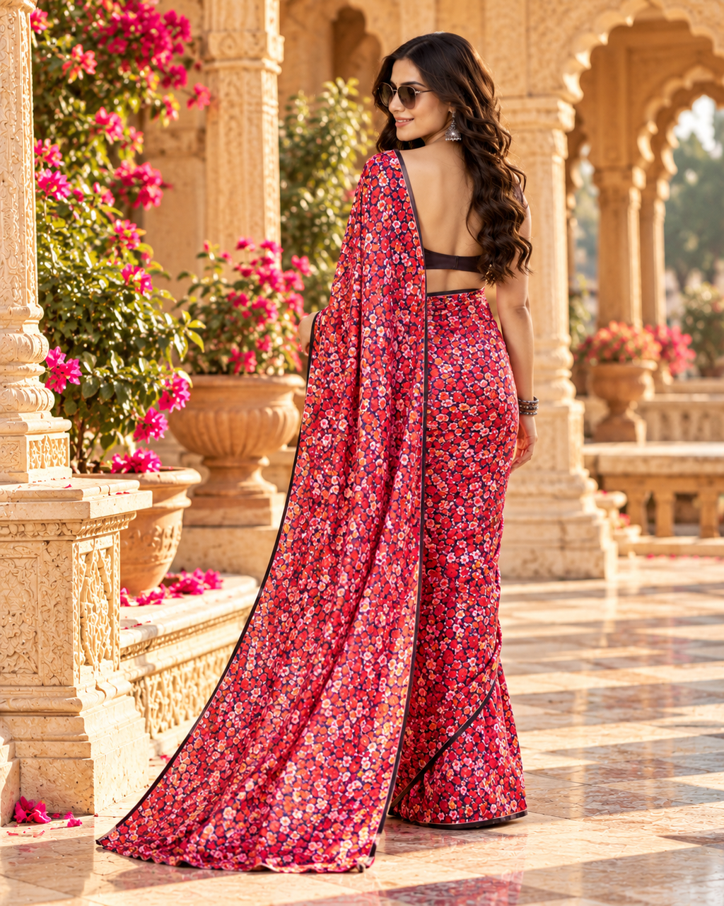 Satin Silk Printed Saree With Unstitched Blouse(Red)