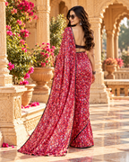Satin Silk Printed Saree With Unstitched Blouse(Red)