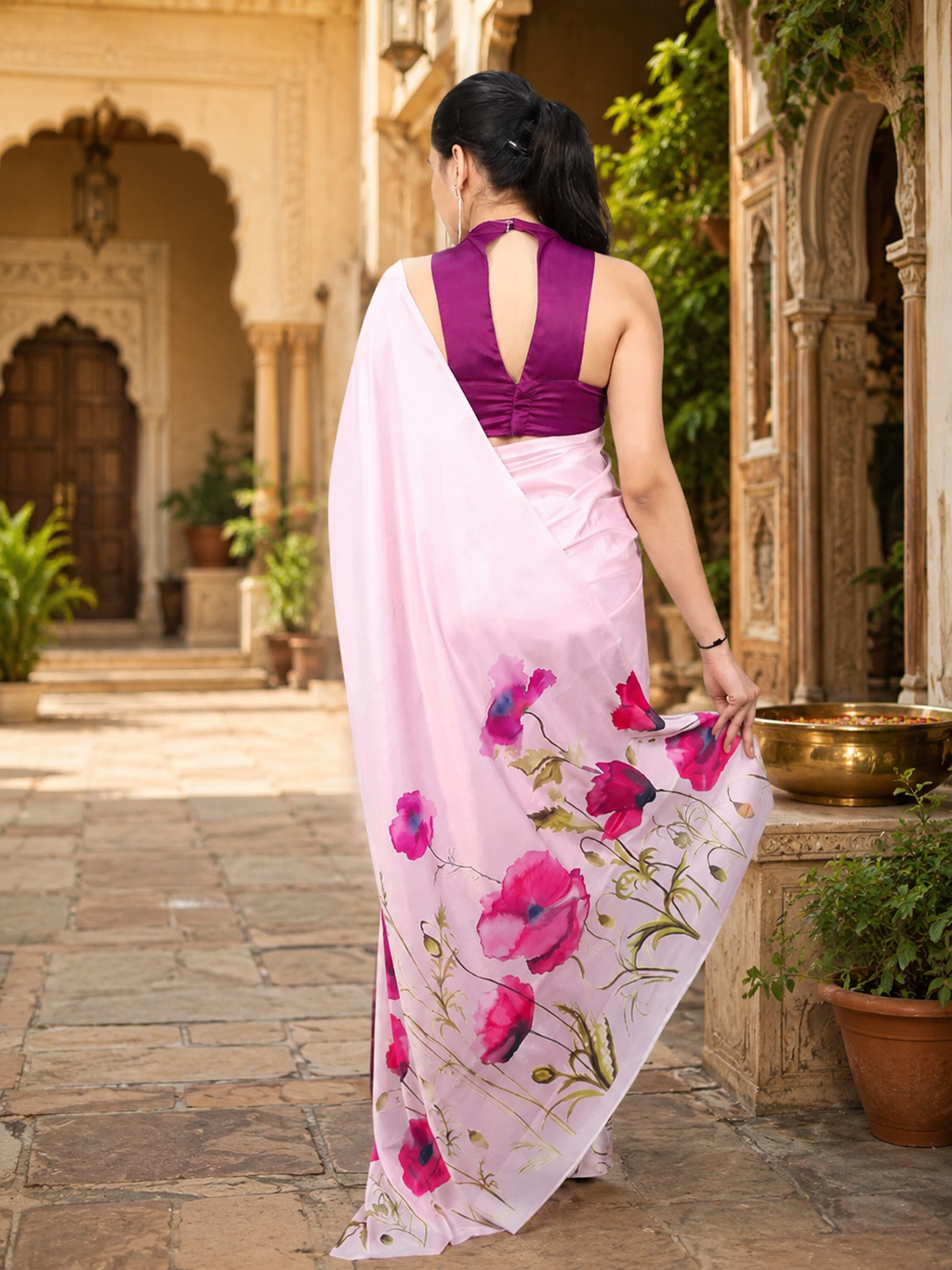 Satin Silk Printed Saree With Unstitched Blouse(Pink)