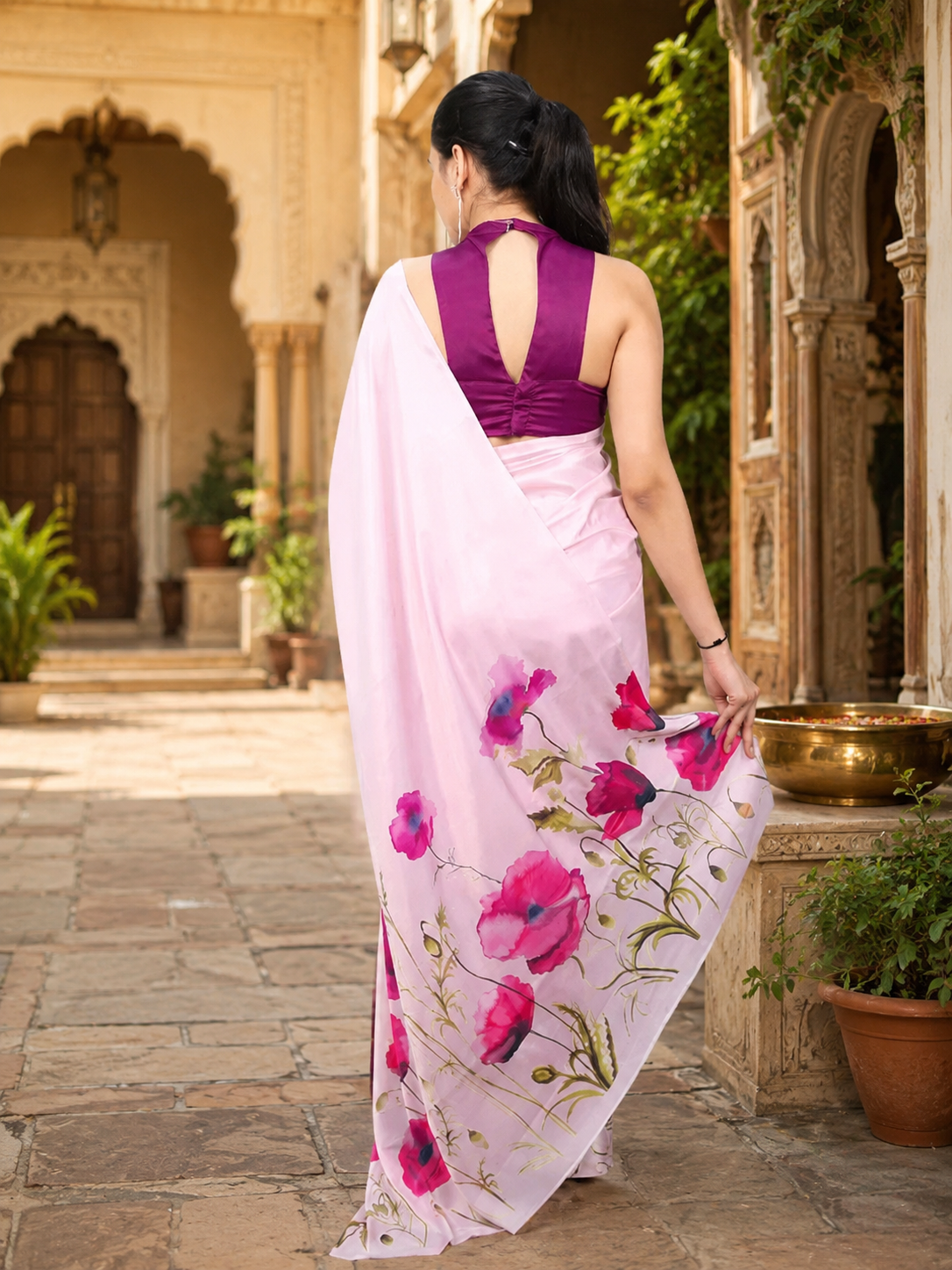 Satin Silk Printed Saree With Unstitched Blouse(Pink)