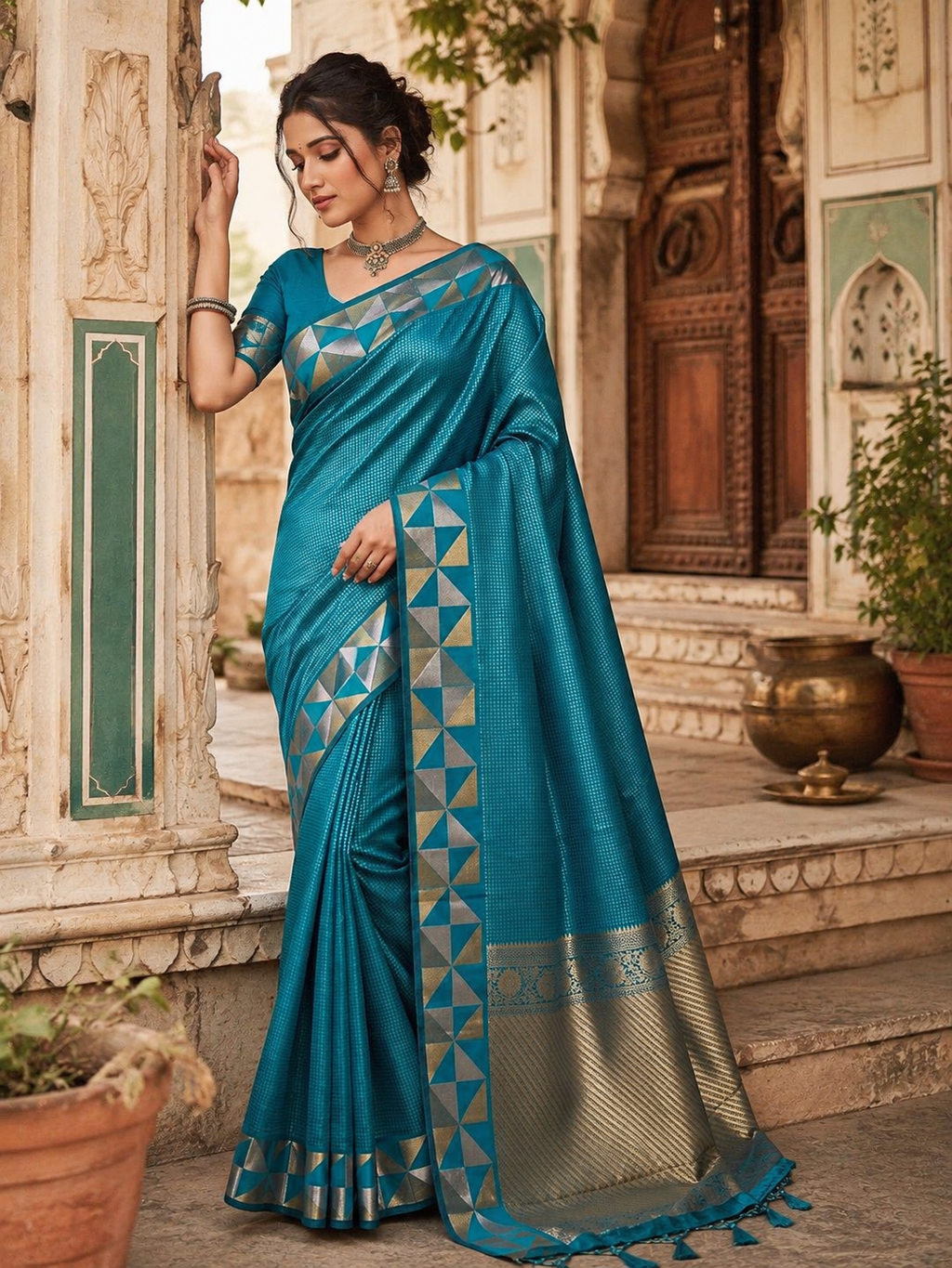 Premium Art Silk Zari Triangle Border Saree With Unstitched Blouse(Sky)