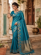 Premium Art Silk Zari Triangle Border Saree With Unstitched Blouse(Sky)