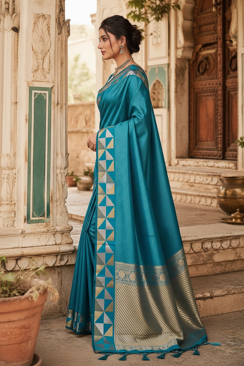 Premium Art Silk Zari Triangle Border Saree With Unstitched Blouse(Sky)