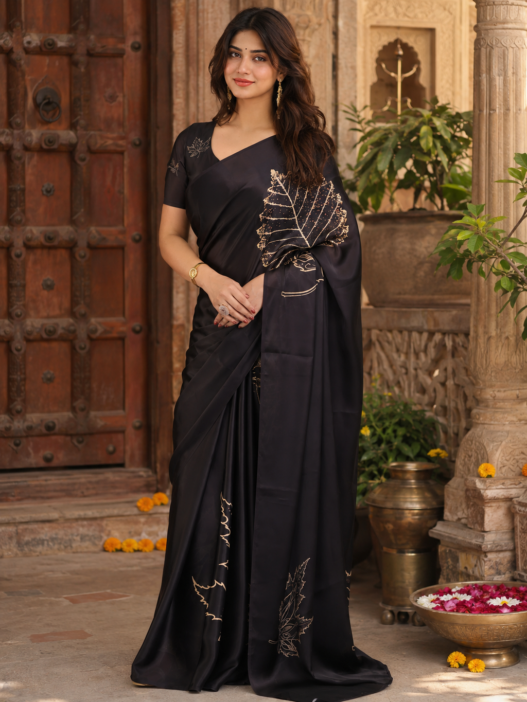 Satin Silk Printed Saree With Unstitched Blouse(Black)