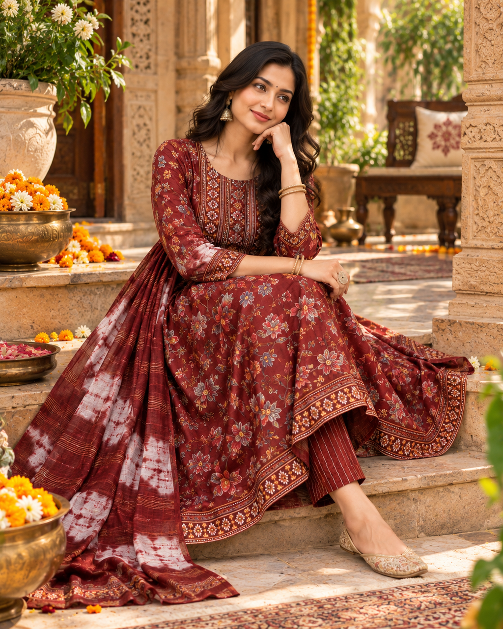 Cotton Kurti Pant Set With Dupatta(Red)