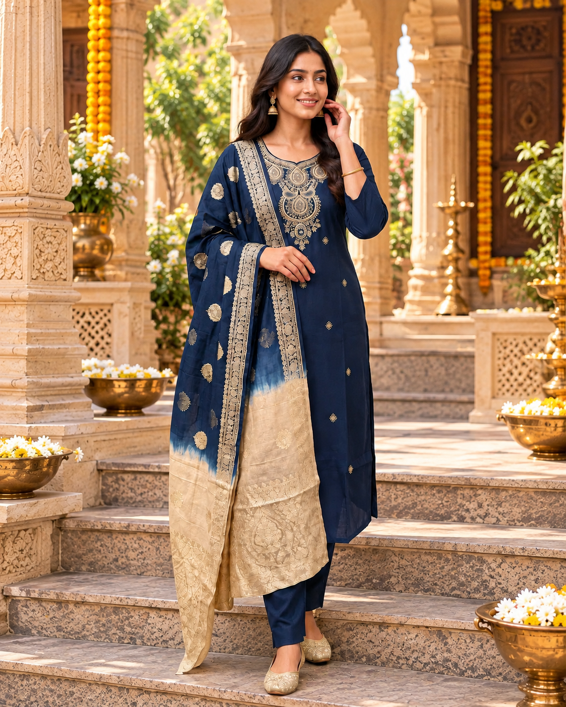 Roman Silk Kurti Pant With Dupatta Set(Navy Blue)