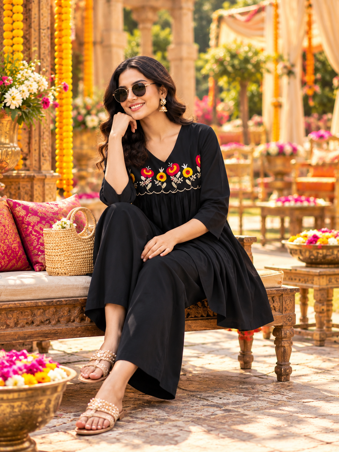 Muslin Cotton Kurti Pant Dupatta Set(Black)