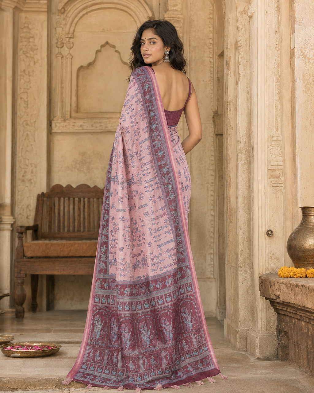 Silk Blend Jacquard Weaving Zari Border Saree With Unstitched Blouse(Wine)