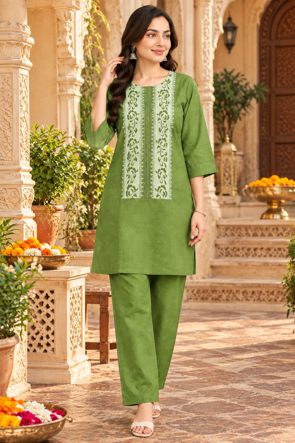 Cotton Kurti Pant Two Piece Set(Green)