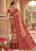Premium Ashika Handloom Silk Patola Lagadi Patta Zari Border Tassels Saree (Cream)