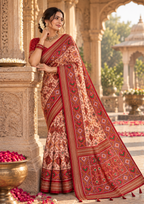 Premium Ashika Handloom Silk Patola Lagadi Patta Zari Border Tassels Saree (Cream)