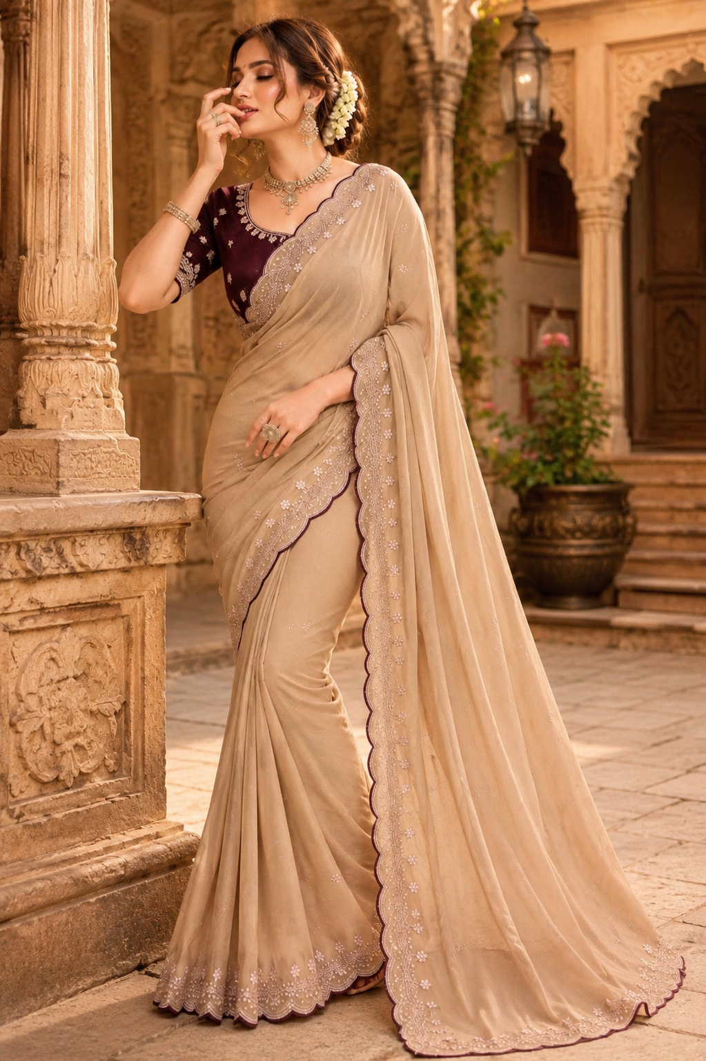 Georgette Border Embroidery Work Designer Saree With Unstitched Blouse(Beige)